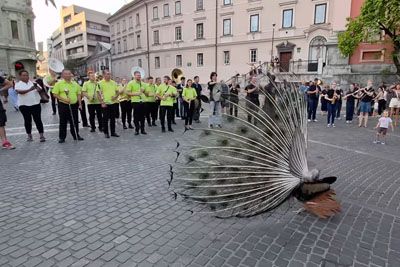Pav postal zvezda sredi Ljubljane: Na Prešernovem trgu nastopil ob pihalni godbi
