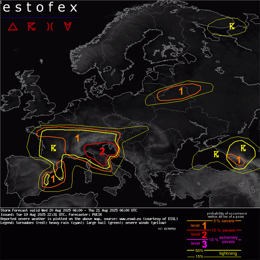 Evropsko združenje meteorologov Estofex z opozorilom pred nevihtami in veliko točo