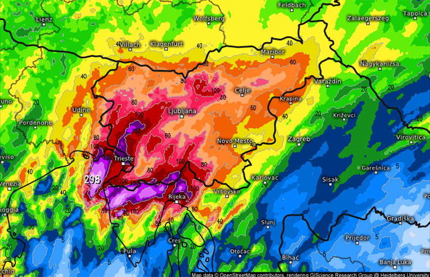 Skupna višina padavin do srede