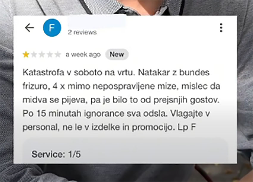 Pritožba gosta, ki je obiskal kavarno Ceneta Prevca
