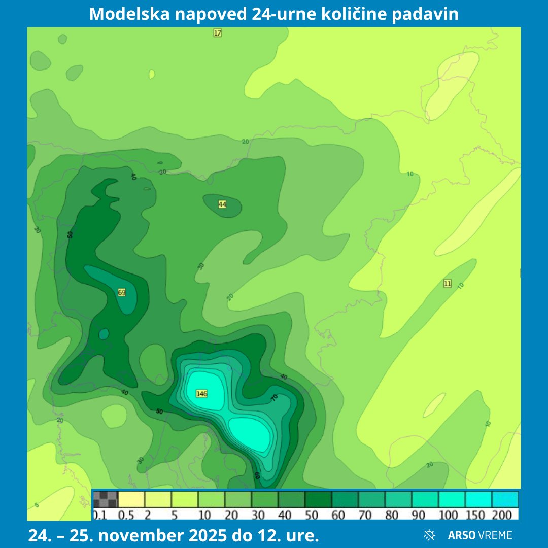 Skupna višina padavin do torka do 12. ure