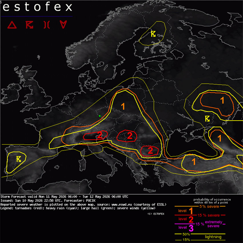 Vremensko opozorilo za današnji ponedeljek - Estofex
