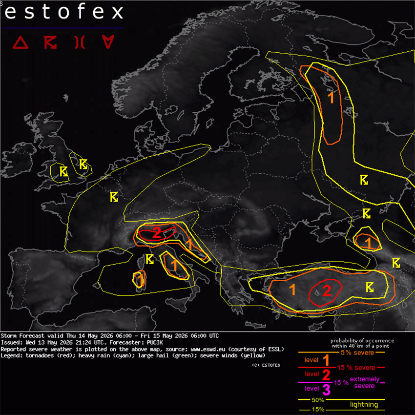 Evropsko združenje Estofex izdalo 2. stopnjo opozorila pred današnjimi nevihtami