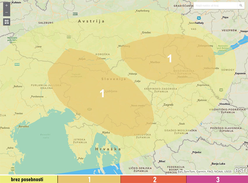 Portal Neurje.si za jutrišnjo sredo izdal prvo stopnjo opozorila za zahodno in vzhodno Slovenijo