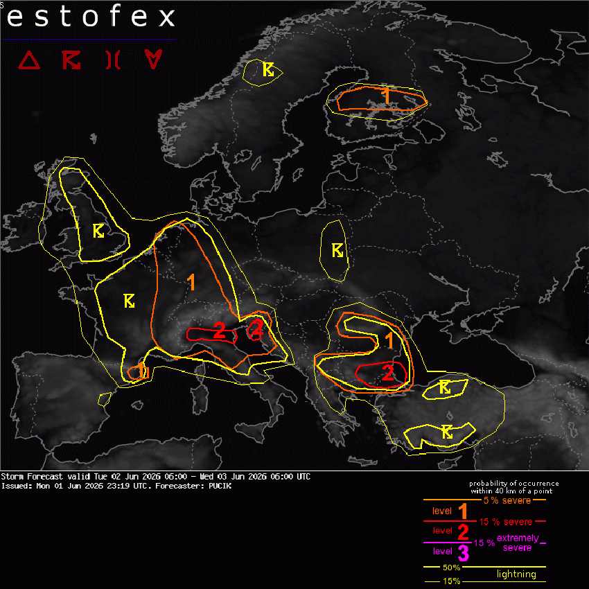 Estofex prižgal drugo stopnjo opozorila zaradi obsežnih nalivov in manjše možnosti nastanka tornadov