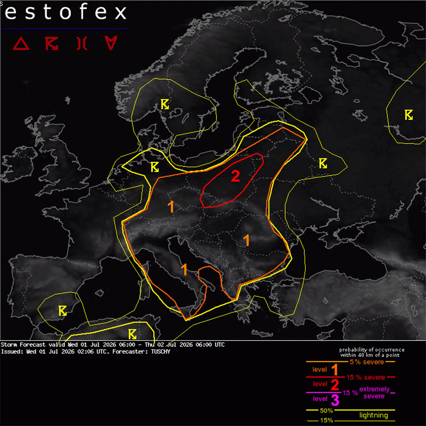 Estofex z opozorilom za Slovenijo in vzhodno Evropo