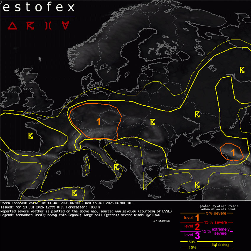 Estofex izdal opozorilo 1. stopnje za Slovenijo, svarijo pred točo, vetrom in možnostjo tornadov