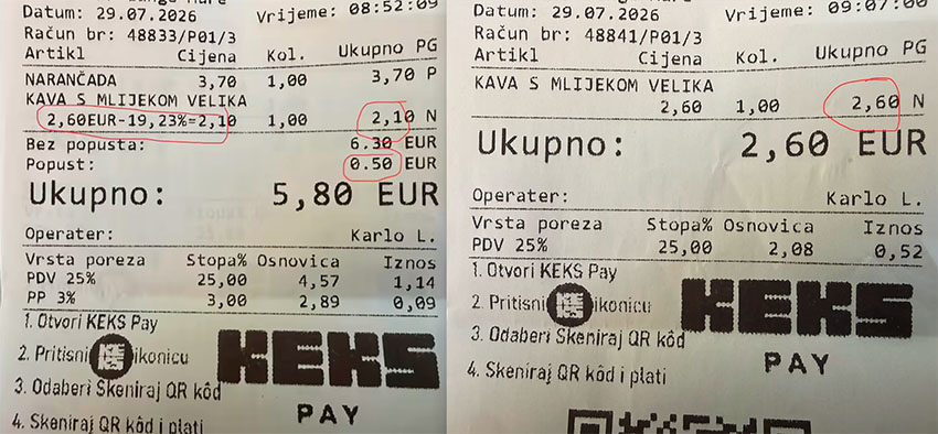Razlika v ceni kave ob prvem in drugem naročilu na Hrvaškem