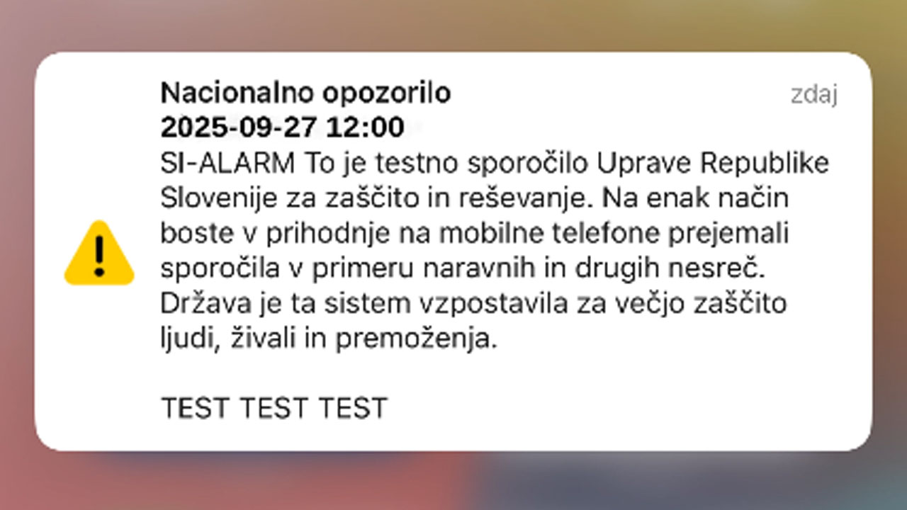 Testno nacionalno opozorilo SI-ALARM, ki ga bomo na mobilni telefon prejeli v soboto ob 12. uri