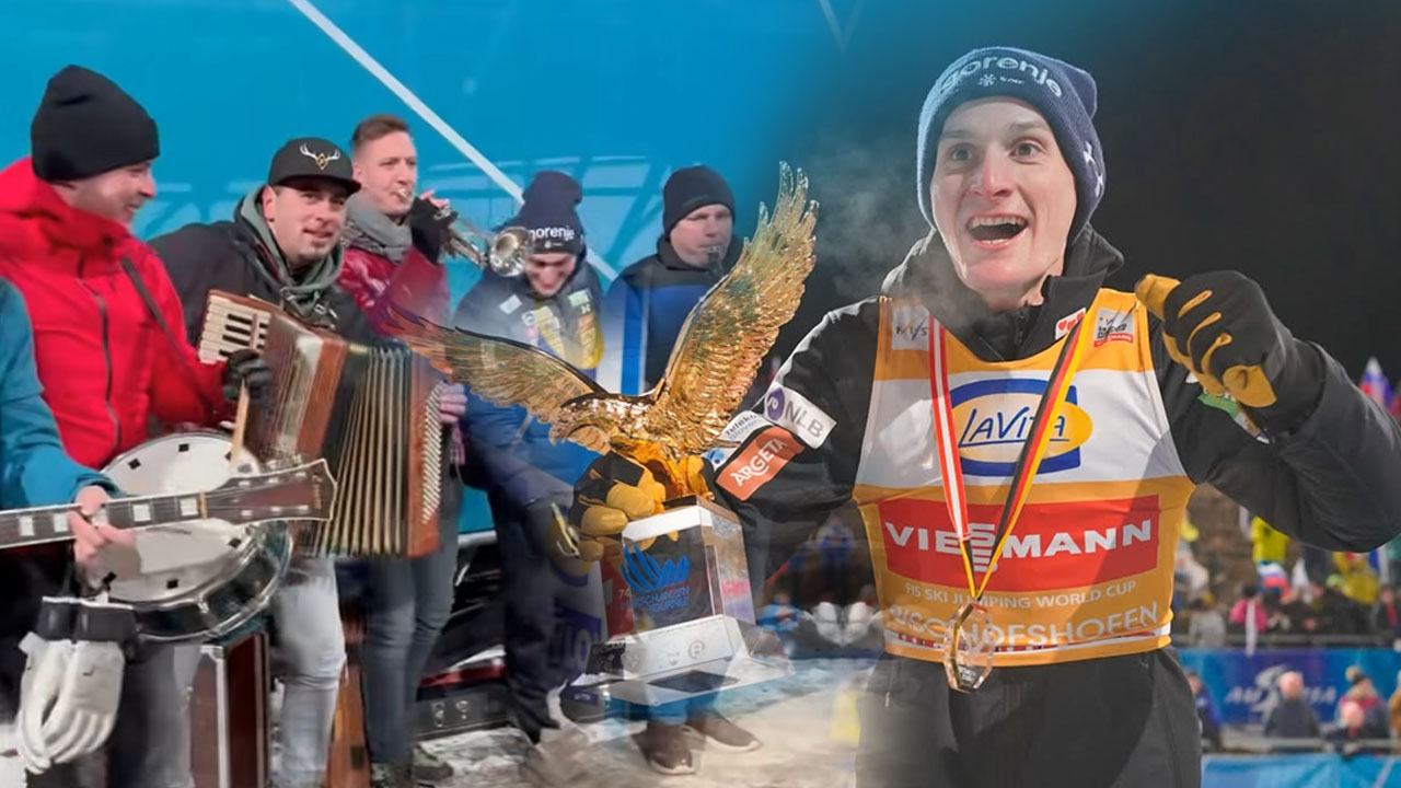 Domen Prevc zlatega orla slavil ob pesmi Slavka Avsenika