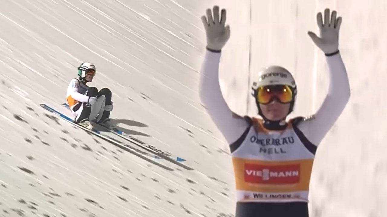 Domen Prevc med skokom v Willingenu blizu rekorda, pristal je pri 155 metrih