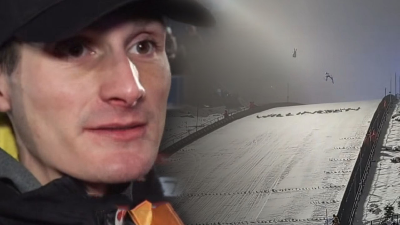 Domen Prevc v finalnem poletu na veliki skakalnici v Willingenu, kjer je pristal pri 155 metrih