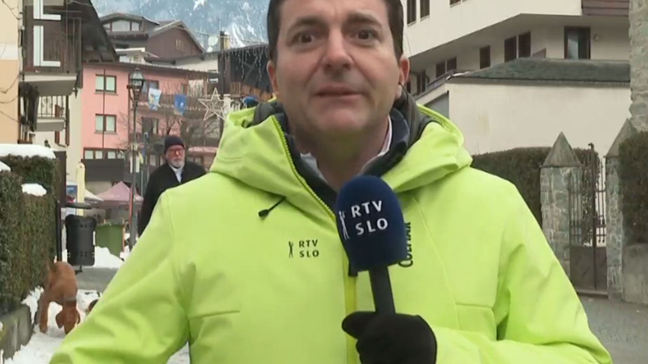 Kuža v ozadju javljanja Urbana Lavrenčiča iz Bormia v oddaji Dobro jutro na RTV Slovenija