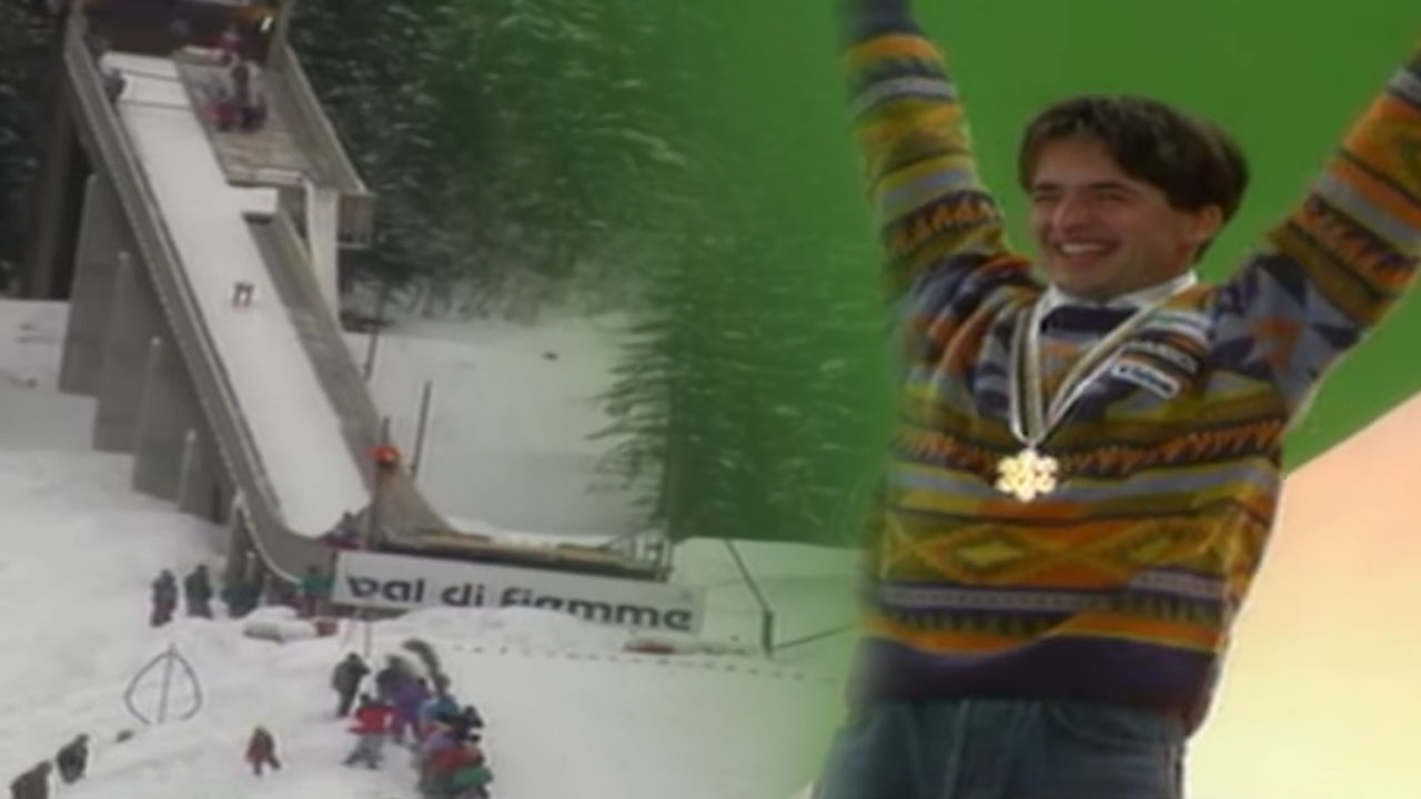 Franci Petek leta 1991 na skakalnici v Predazzu ob osvojitvi naslova svetovnega prvaka