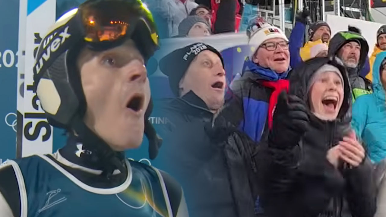 Oče Božidar Prevc spremlja zadnji polet Domna Prevca za olimpijsko zlato v Predazzu