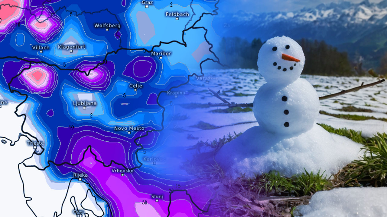 Napoved sneženja v Sloveniji za 26. marec 2026, do 25 cm snega in močan veter
