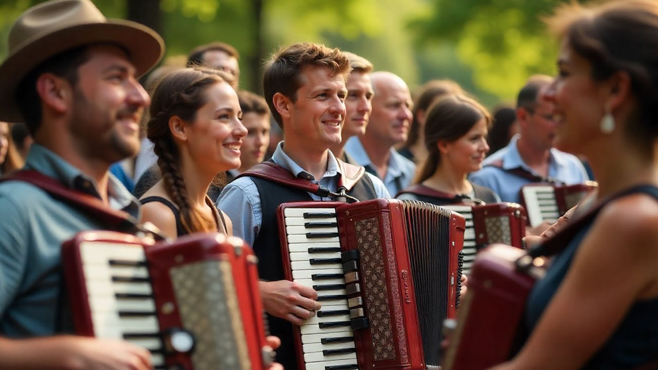 Množica tisočih harmonikarjev med igranjem skladbe Na Golici v Vista parku v Velenju