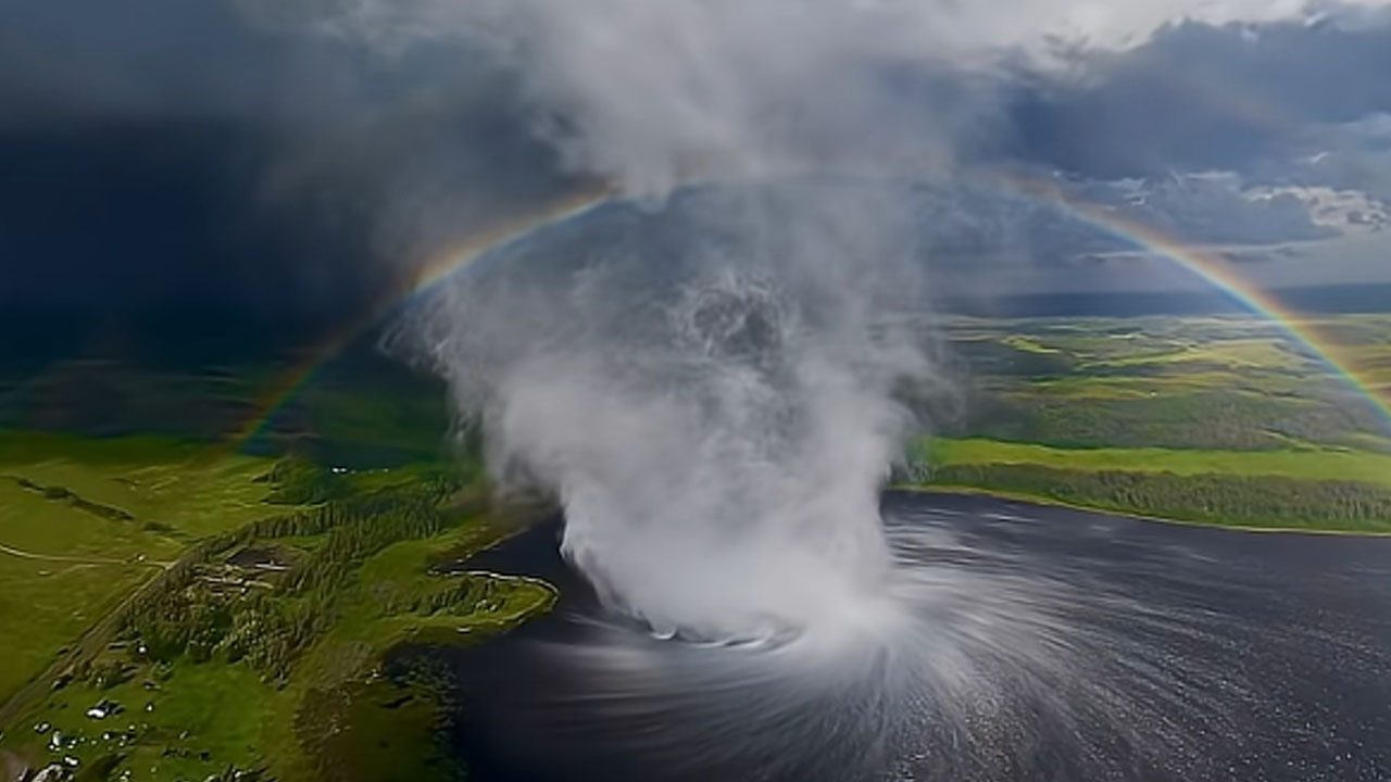 Dron poletel v tornado v Kanadi, spektakularen prizor pojava nad jezerom
