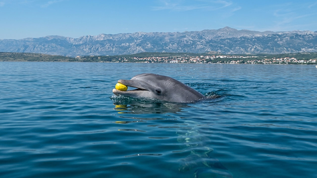 Delfin Oliver se ob hrvaški obali igra z žogo, ki mu jo podajajo kopalci