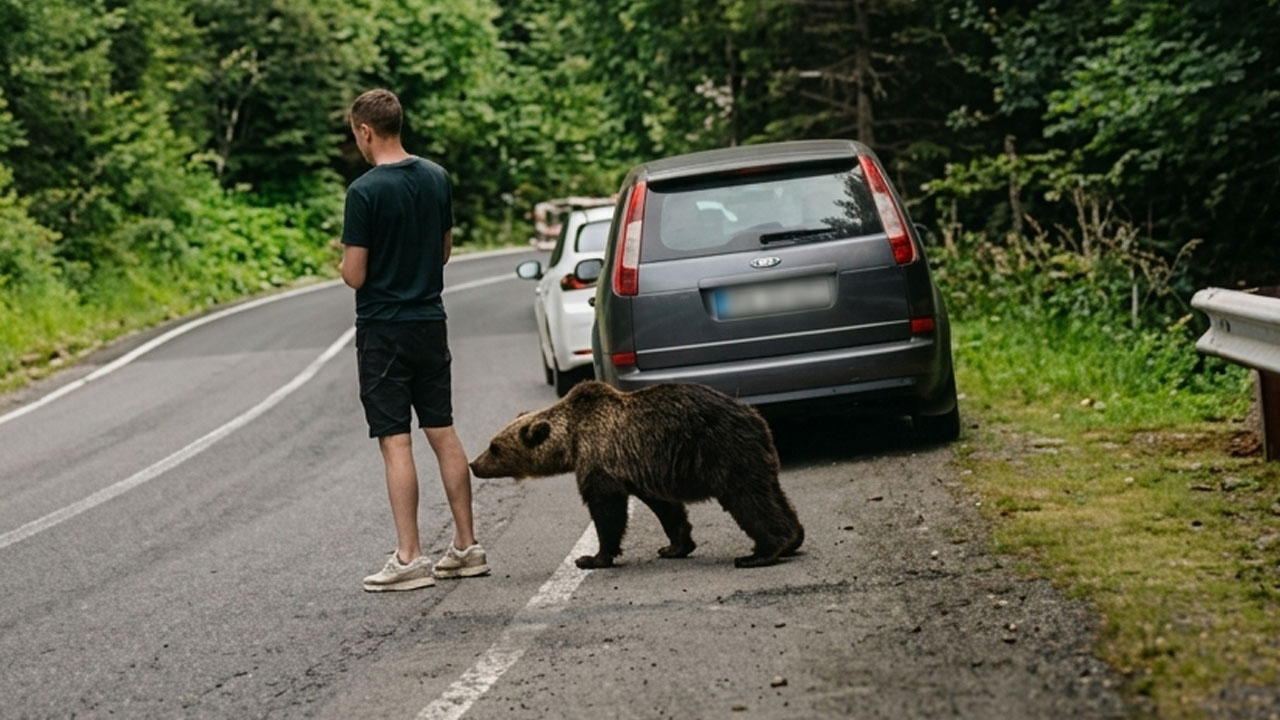 Turist na romunski cesti skoraj spregledal medvedjega mladiča tik ob sebi
